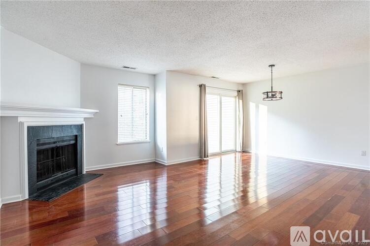 A living room with wood floors and a fireplace.