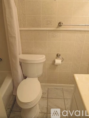 A white toilet in a bathroom with a white shower curtain.