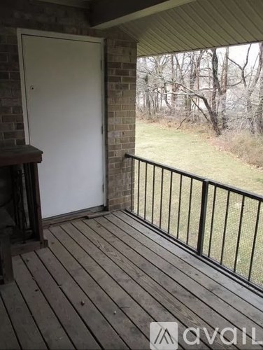 A deck with a white door and a black railing.