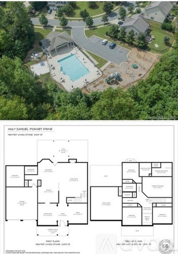 A bird's eye view of a residential area with a swimming pool and a detailed floor plan of a house.