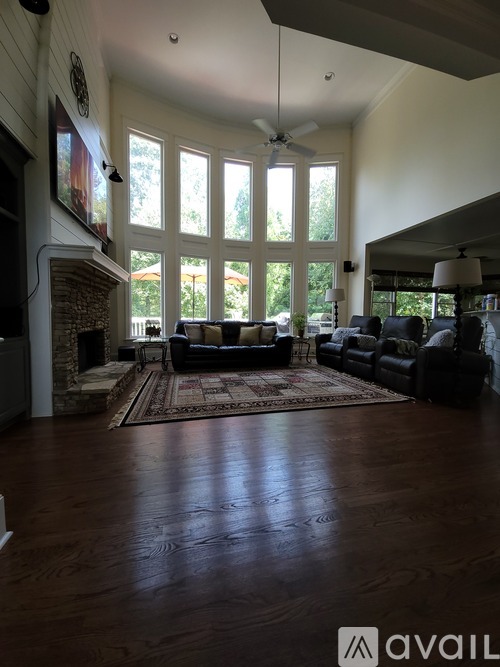 A living room with a fireplace and a rug.