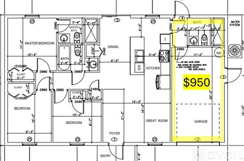 A floor plan of a house with a kitchen, living room, and bathrooms.