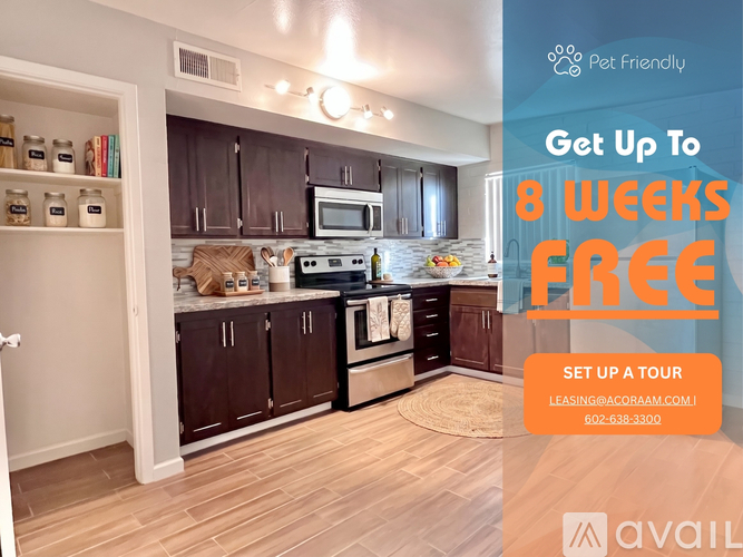 A kitchen with a sign offering a free 8 week tour.