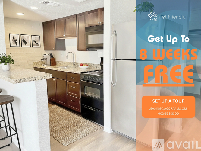 A kitchen with a promotion for a free 8 week lease.