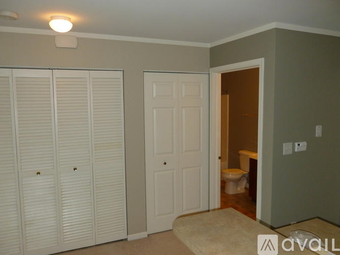 Closet with white doors and a toilet in the background.
