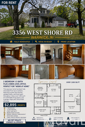 A house for rent at 3356 West Shore Rd, Warwick, RI is listed for $2,895 per month.