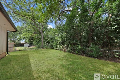 A backyard with a well-maintained lawn and trees.