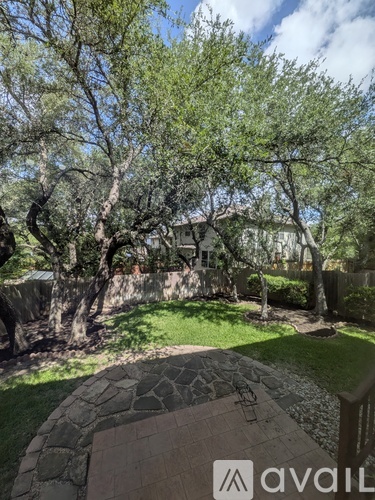 A backyard with a stone walkway and a tree.
