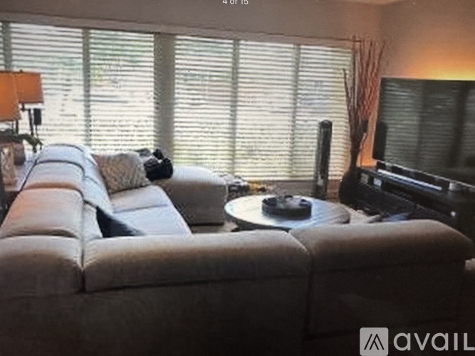 A living room with a grey sofa and a television.