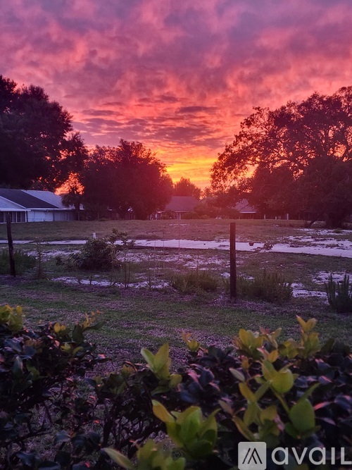 A pastel pink and purple sky at sunset over a field with a fence and trees.