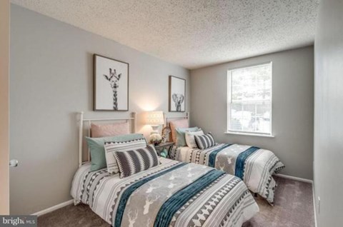 A bedroom with two beds and a window.