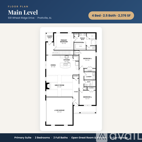 A floor plan for a main level of a house with 4 bedrooms and 2.5 baths.