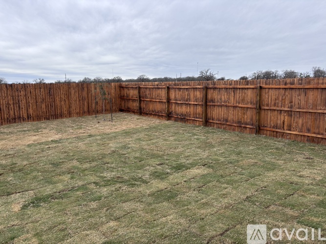 A backyard with a wooden fence and grassy field.