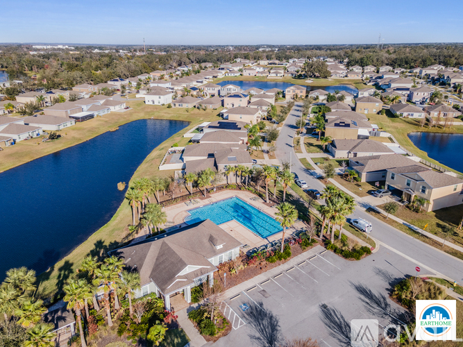 A bird's eye view of a residential area with a swimming pool and a lake.