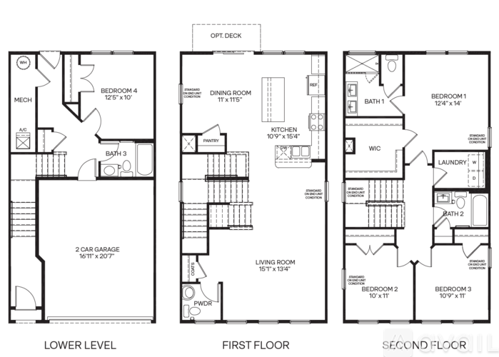 A set of three floor plans for a house showing the lower level, first floor and second floor.