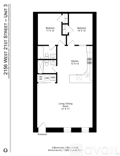 A floor plan for an apartment at 2156 West 21st Street shows two bedrooms, a living room, a kitchen, and a bathroom.