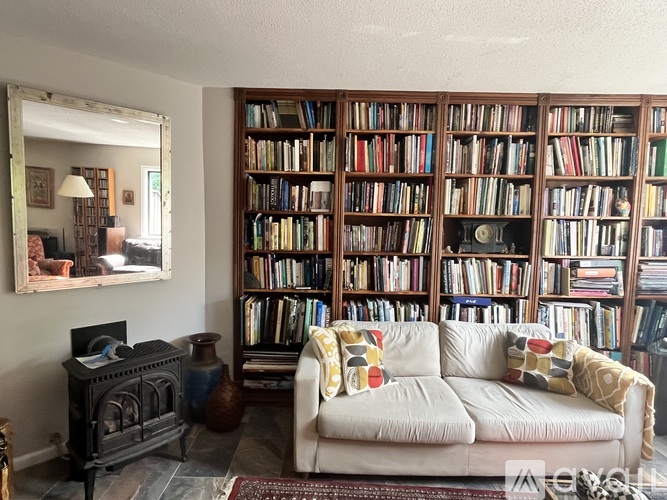 A living room with a white couch, a fireplace, and a large bookshelf filled with books.
