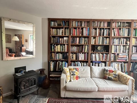 A living room with a white couch, a fireplace, and a large bookshelf filled with books.