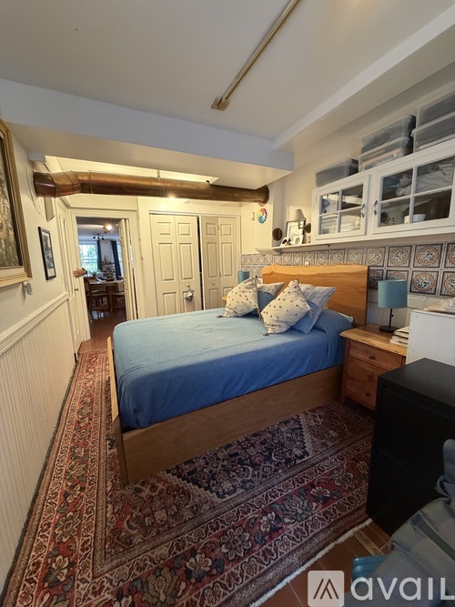 A bedroom with a bed, dresser, and a rug.