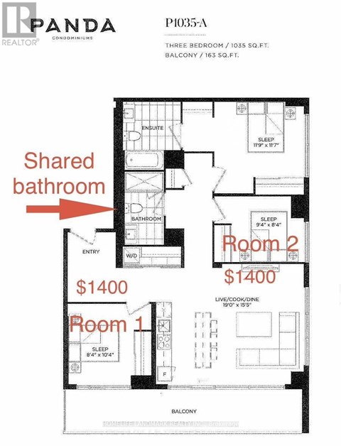 A floor plan for a three bedroom apartment with a shared bathroom.