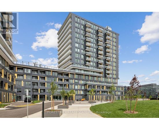 A modern multi-story building with a glass facade and a sign that reads "Forest Hill Real Estate Inc. Brokerage.".