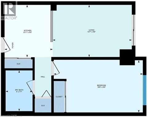 A floor plan of a house with a living room, kitchen, bedroom and bathroom.