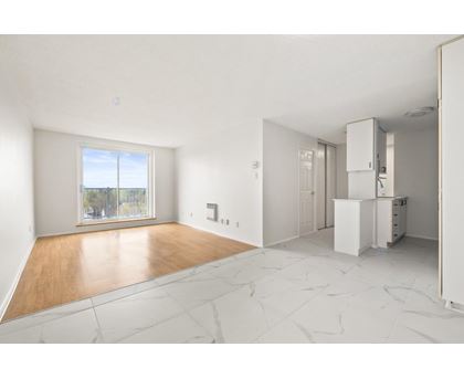 A large empty room with a kitchen area to the right.