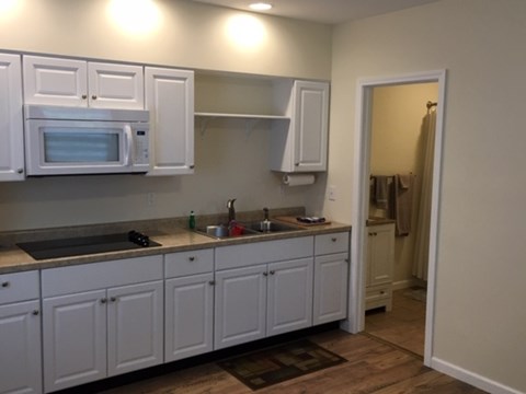 A kitchen with white cabinets and a microwave above the stove.
