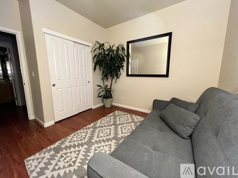 A living room with a grey couch and a plant.