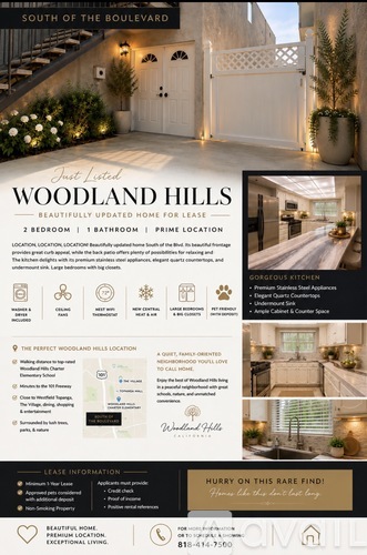 A real estate listing for a beautifully updated home at Woodland Hills.