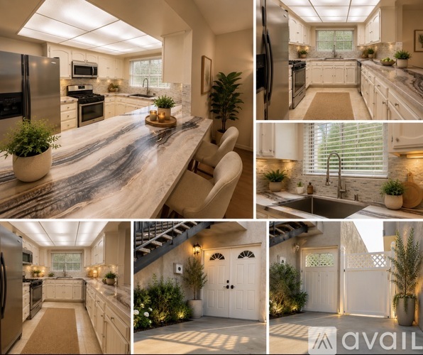 A collage of images showcasing a modern kitchen and dining area.