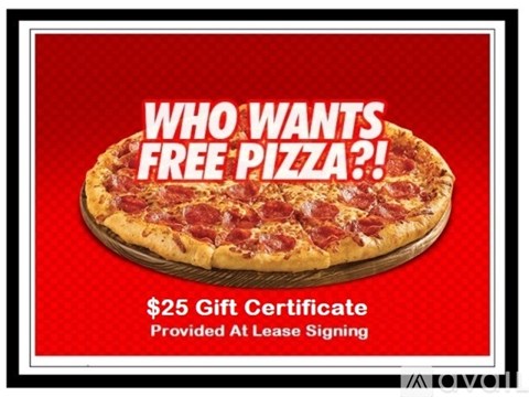 A pizza with pepperoni toppings is advertised as free with a $25 gift certificate.
