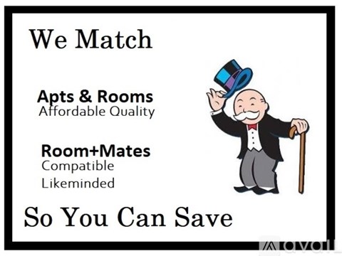 A poster with a man in a top hat and cane, promoting affordable quality apartments and rooms.