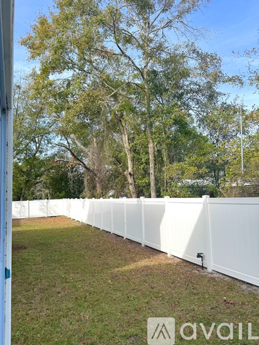 A white fence runs along a grassy area with trees in the background.