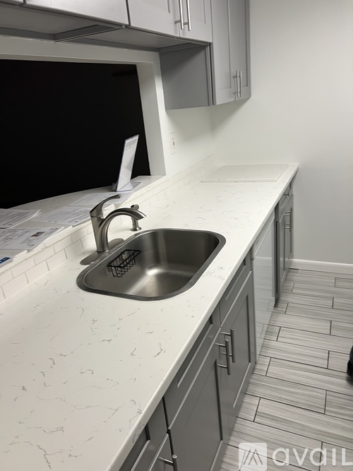 A kitchen with a sink and a counter.