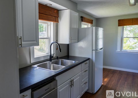 A kitchen with a sink and a refrigerator.