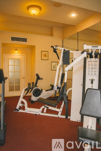 A gym with a treadmill, a stationary bike and a weight machine.