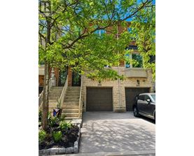 A tree with green leaves is in front of a building with a garage door.