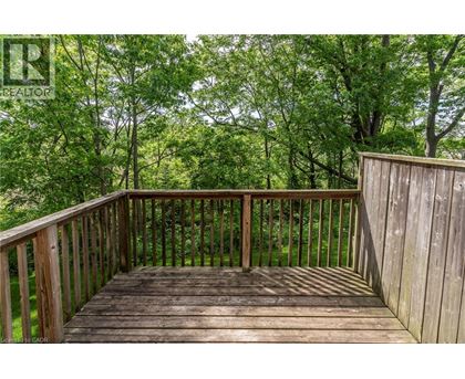 A wooden deck with a railing and trees in the background.