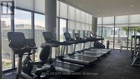 A row of treadmills in a gym with a view of the city outside the windows.