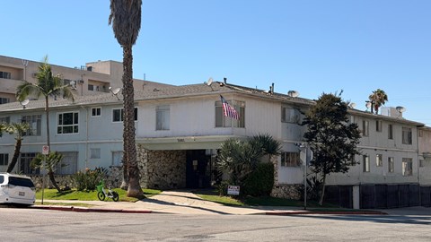 A white building with a flag on it and a tree in front.