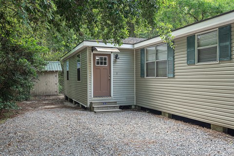 A small house with a brown door is surrounded by trees.