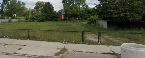 A black fence surrounds a grassy area.