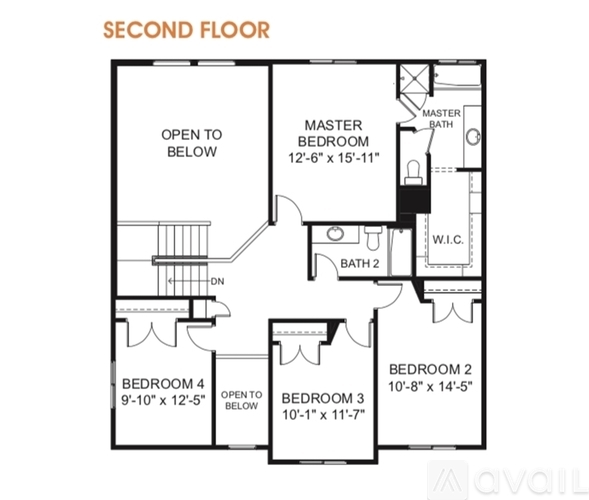 A second floor floor plan of a home with four bedrooms and a master bedroom.