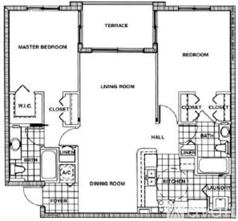 A black and white floor plan of a house with a master bedroom, living room, dining room, and kitchen.