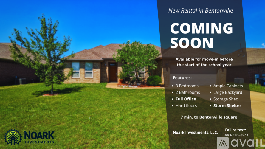 A real estate advertisement for a new rental in Bentonville is displayed.