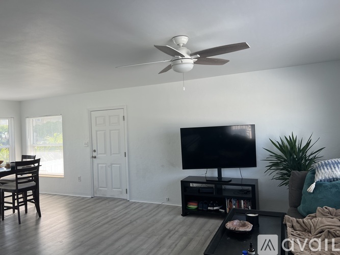 A living room with a television, a fan, and a plant.