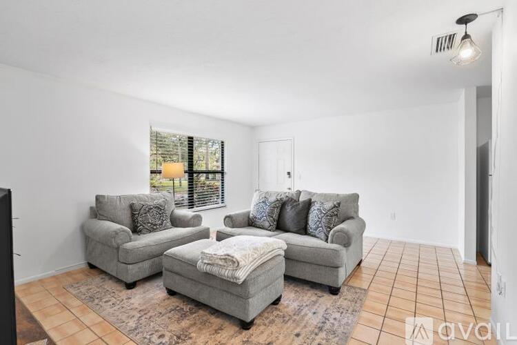 A living room with a grey couch and a rug.