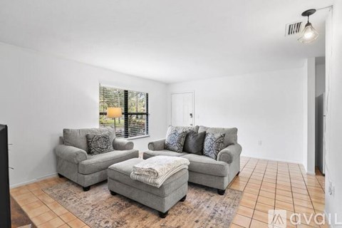 A living room with a grey couch and a rug.