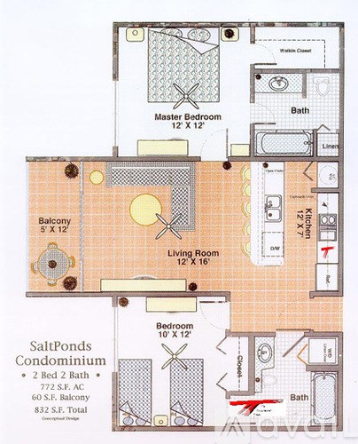 SaltPonds Condominium floor plan with two bedrooms, two bathrooms, and living room.